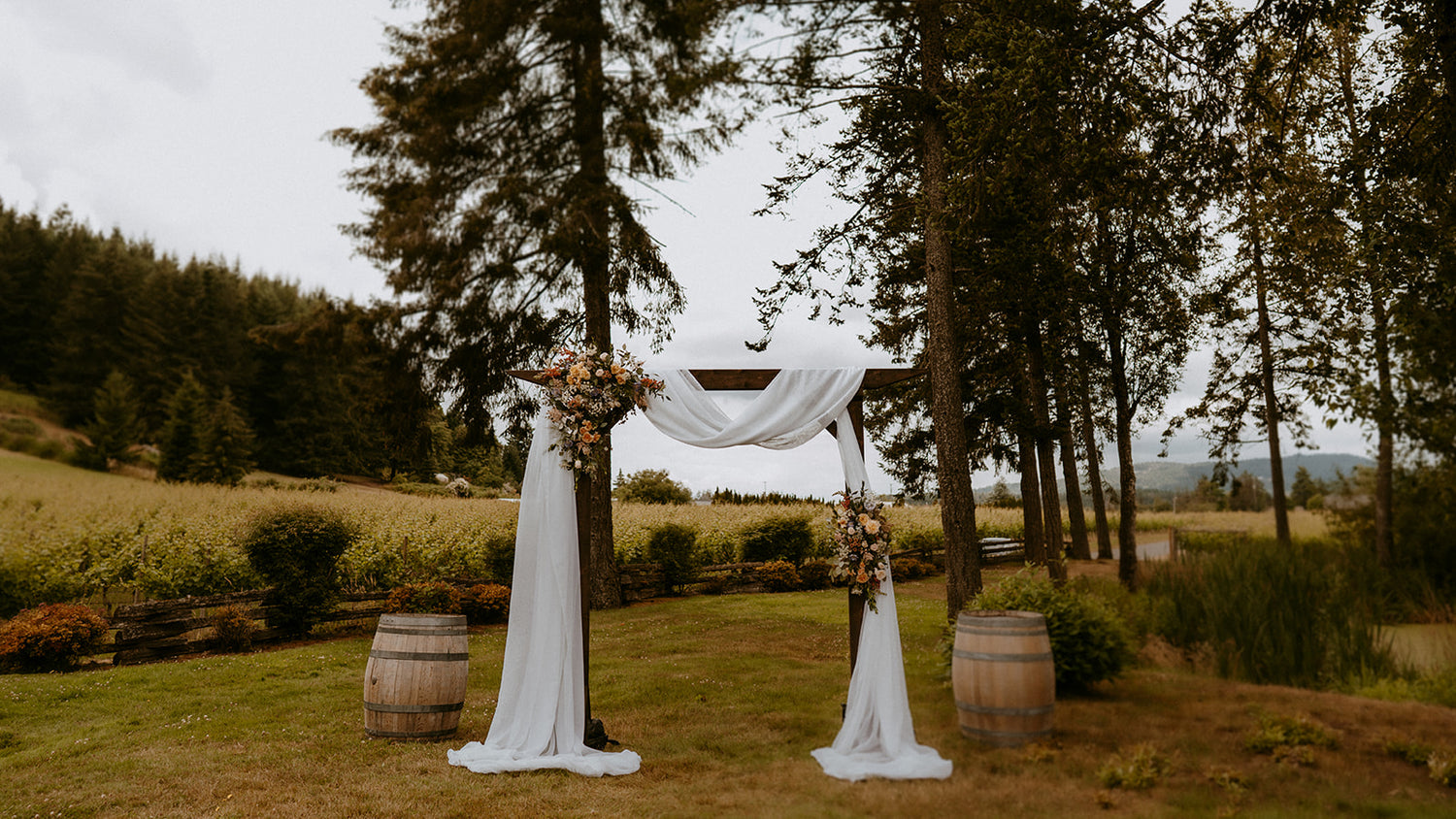 a draped arch with two wine barrels